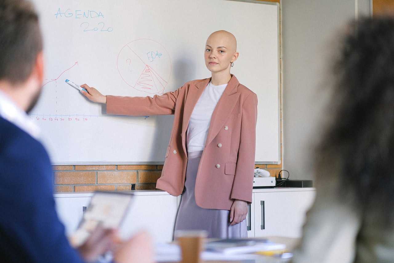 woman pointing at whiteboard