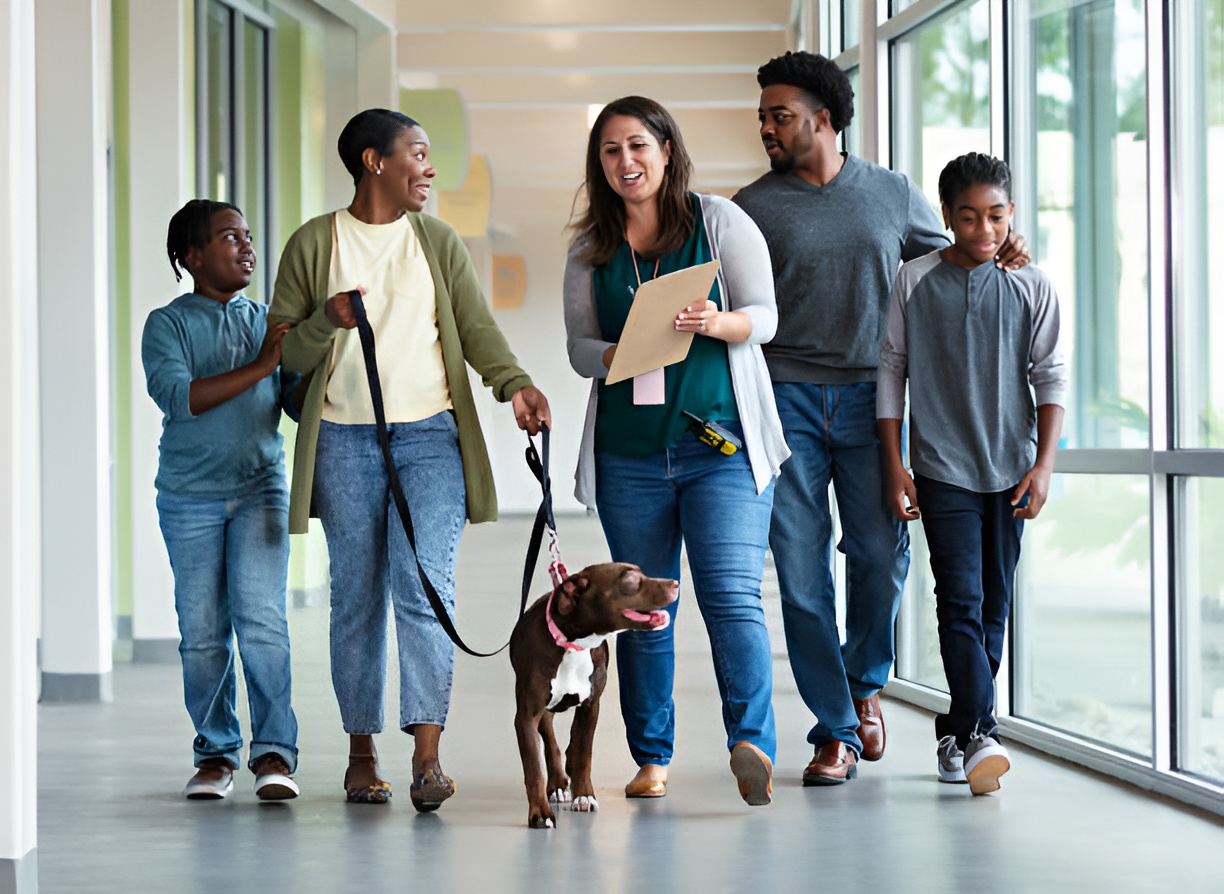family adopting a dog from an animal shelter