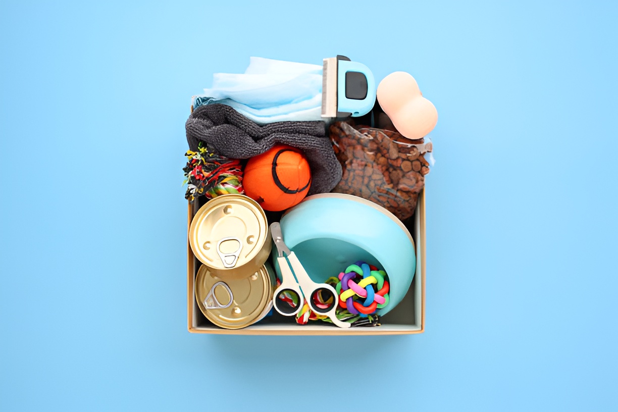 dog supplies in a box